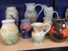 20th cent. Ceramics: Katherine Lloyd of Dorset jugs x 3, vases x 4, all decorated with hand