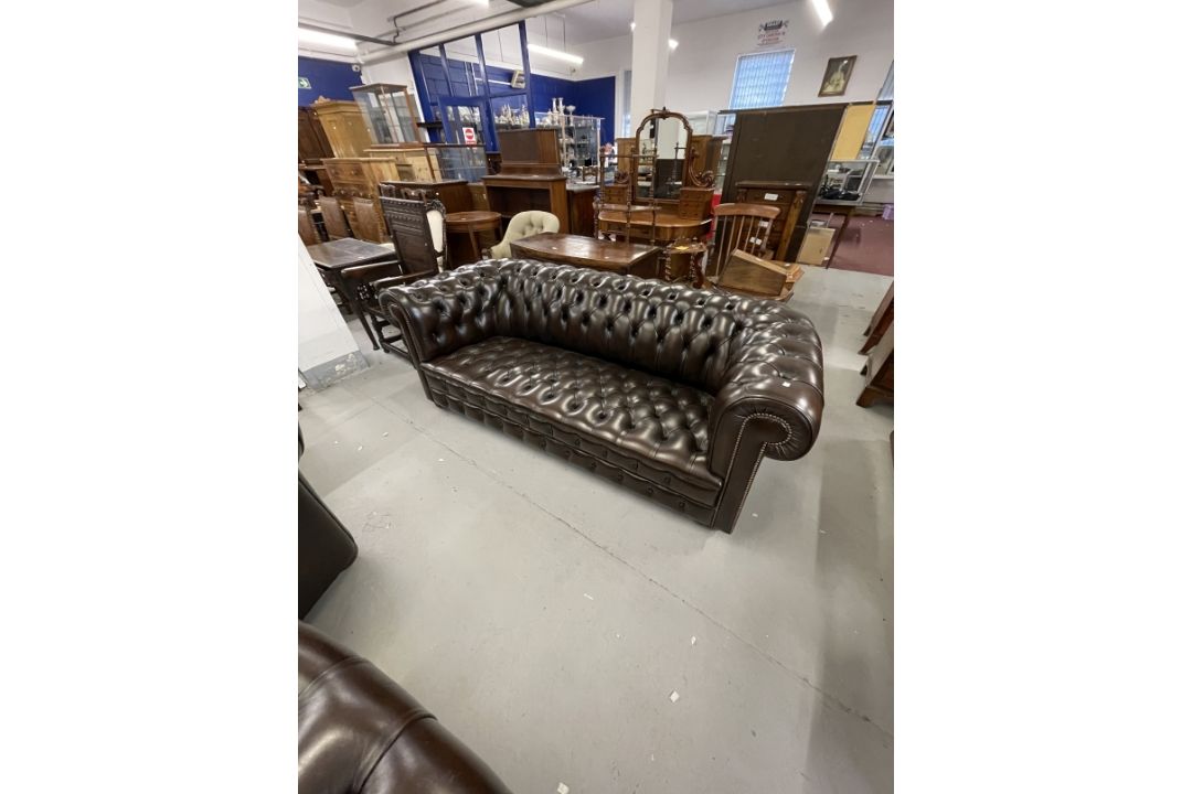 20th cent. Leather Chesterfield and matching pair of armchairs on bun feet. Settee length 80ins. - Image 2 of 3