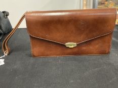 Fashion Handbags: Brown leather handbag, wrist strap, suede style lining with credit card case,