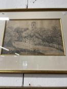 19th cent. Pencil study cottages and ruined tower unsigned, framed and glazed. 15ins. x 12ins.