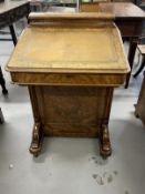 19th cent. Victorian burr walnut free standing Davenport with original leather top opening to reveal