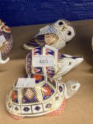 Royal Crown Derby paperweights, turtle, hedgehog, owl, all with stoppers, unboxed. (3)