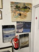 English School: 20th cent. Oil on canvas estuary scene, unsigned. 30ins. x 24ins. Plus four Linda