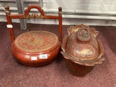 20th cent. Chinese lacquered round, oval lidded marriage baskets decorated with figures and flowers,