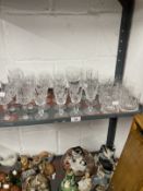 Glass: 20th cent. Crystal set of six engraved tumblers, eleven sherry glasses, set of six sherry