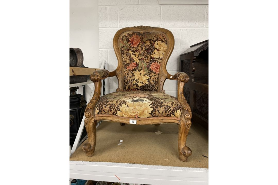 Victorian walnut chair cabriole legs with scroll open arms, shaped carved back. Width 26ins. Depth