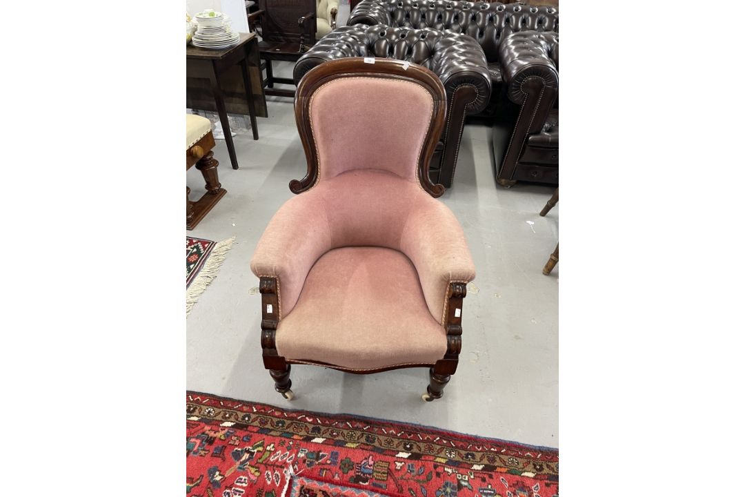 19th/20th cent. Mahogany library chair turned front supports with ceramic castors and plush velvet - Image 1 of 2