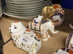 Royal Crown Derby paperweights, seal, Imari elephant infant, cockerel, with stoppers, unboxed.