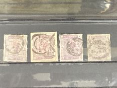 Stamps: 1883-84, SG178 2s6d colour variations from left to right, lilac C-E, red lilac E-F, blue