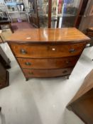 20th cent. Mahogany bow fronted chest of three drawers on bracket supports. 35ins. x 18ins. x