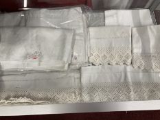 Textiles: Bed linen, fine cotton sheets, embroidered bed cover/tablecloth, full edge pillowcases,