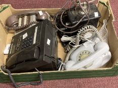 Telecommunications: GPO pay phone, light grey dial phone, early 1960s office push button phone and