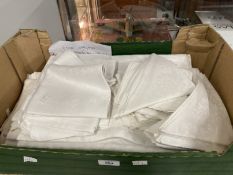 Textiles: Damask linen tablecloths woven rose design, table napkins (approx. 13), four tray or tea