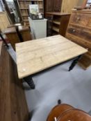 Edwardian painted oak table base with later top and small drawer. 46½ins. x 34ins. x 29ins.