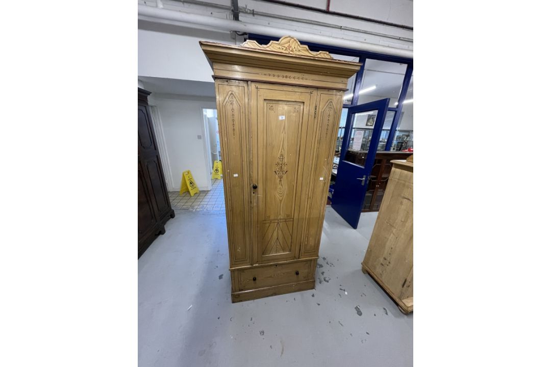 Early 20th cent. Art Nouveau pine wardrobe with single drawer below and stencilled decoration with - Image 1 of 3