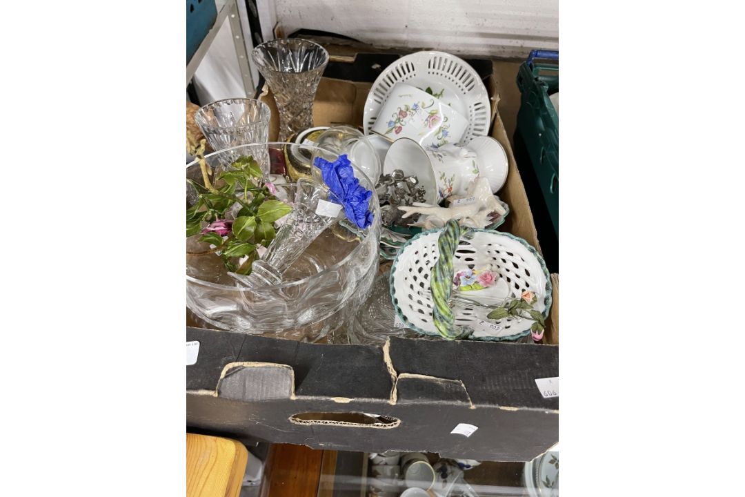 20th cent. Glass and porcelain including pedestal glass bowl, cut glass vases x 3, hors d'ouvres