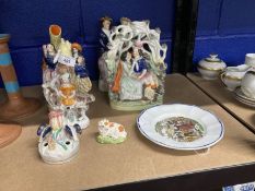 Collectables: Staffordshire figures Auld Lang Syne, an amorous couple, spill vase, girl on a goat,