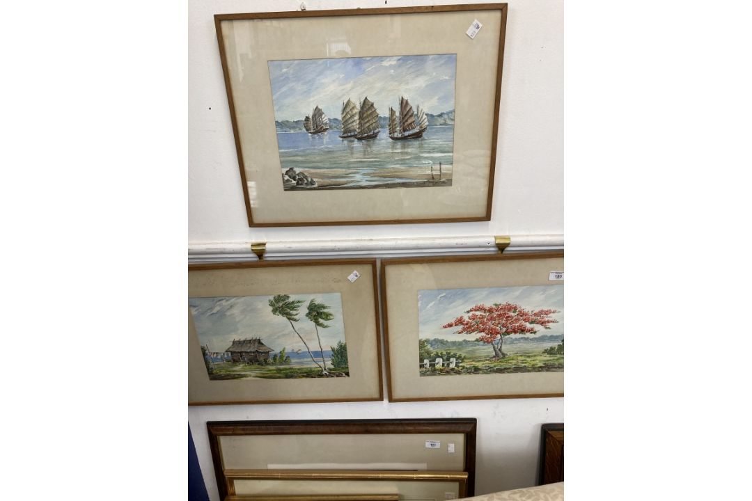 Simon Yew (1898-1983): Watercolours, scenes of Borneo. Junks at Sail, House on Beach, Tree in