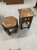 20th cent. Elm and beech wheel back carver, leather topped hexagonal stool plus small oak side
