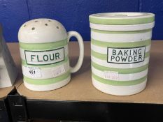 19th cent. Maling Evergreen banded kitchen ceramics - lidded jars 'Baking Powder' (lid chips) height