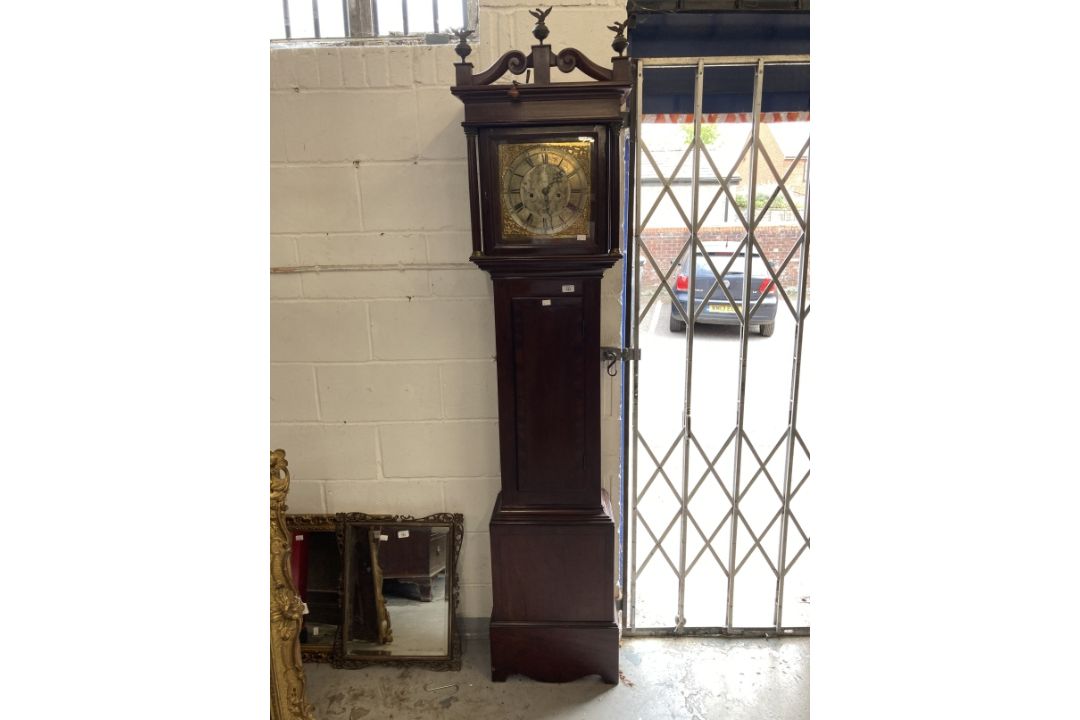 Clocks: Mid 18th cent. Longcase Thomas Hall Romsey Hampshire, brass silvered dial 10ins face, - Image 1 of 2