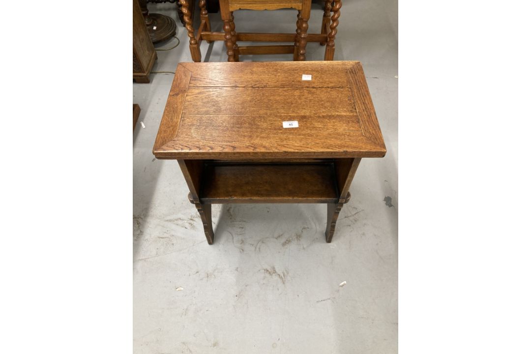 Oak arts and crafts revolving table in style of Heals. 21ins. x 14ins. x 22ins. - Image 1 of 2