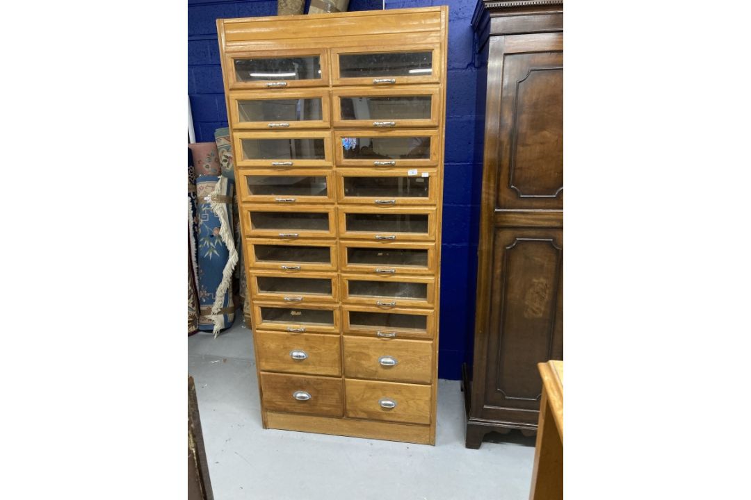 Post-war haberdasher's shop display with sixteen glazed drawers above four others, all with chrome - Image 1 of 2