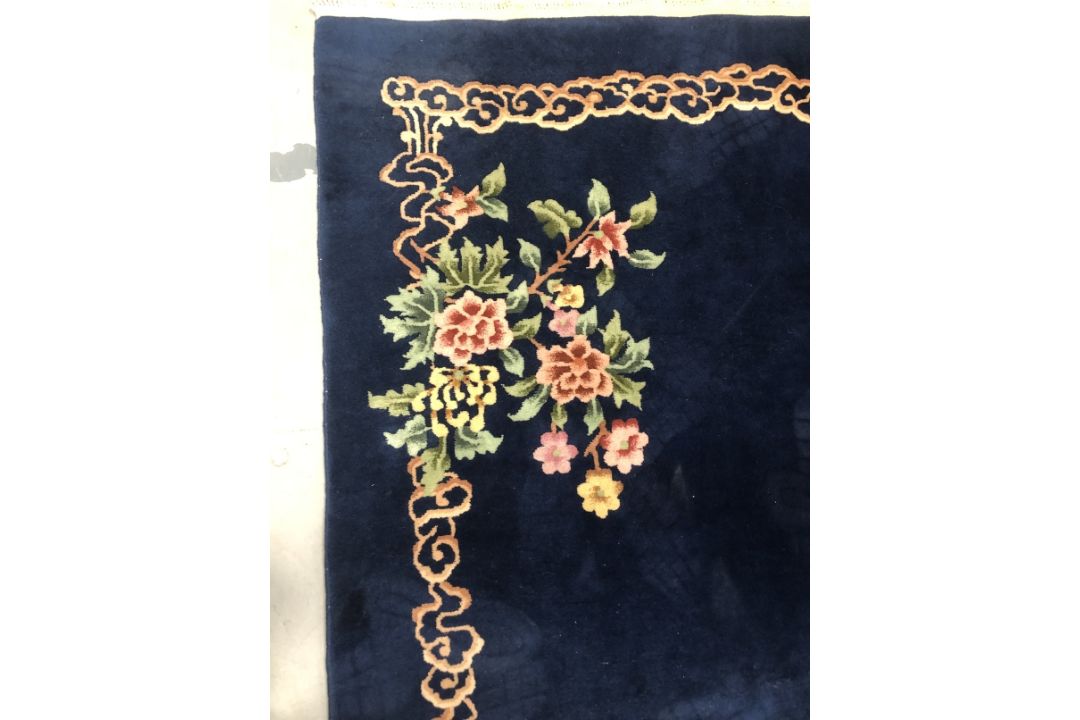 Carpets & Rugs: Chinese hand wash blue ground, floral decoration in reds, greens, ivories and - Image 3 of 3