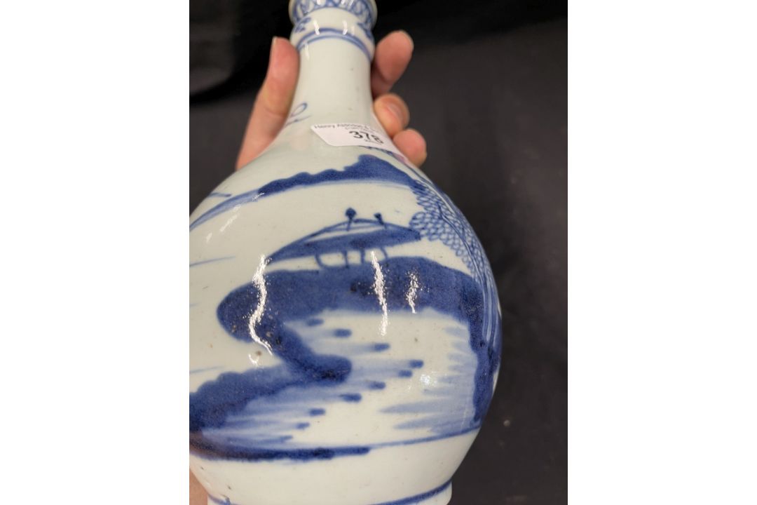 18th cent. Garlic head moulded guglet vase with building and landscape decoration. 9½ins. - Image 5 of 6