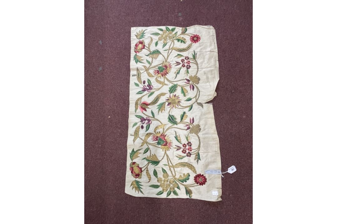 17th/18th cent. Textiles: Silk fragment of a ladies dress, silk organic embroidery embellished - Image 1 of 6