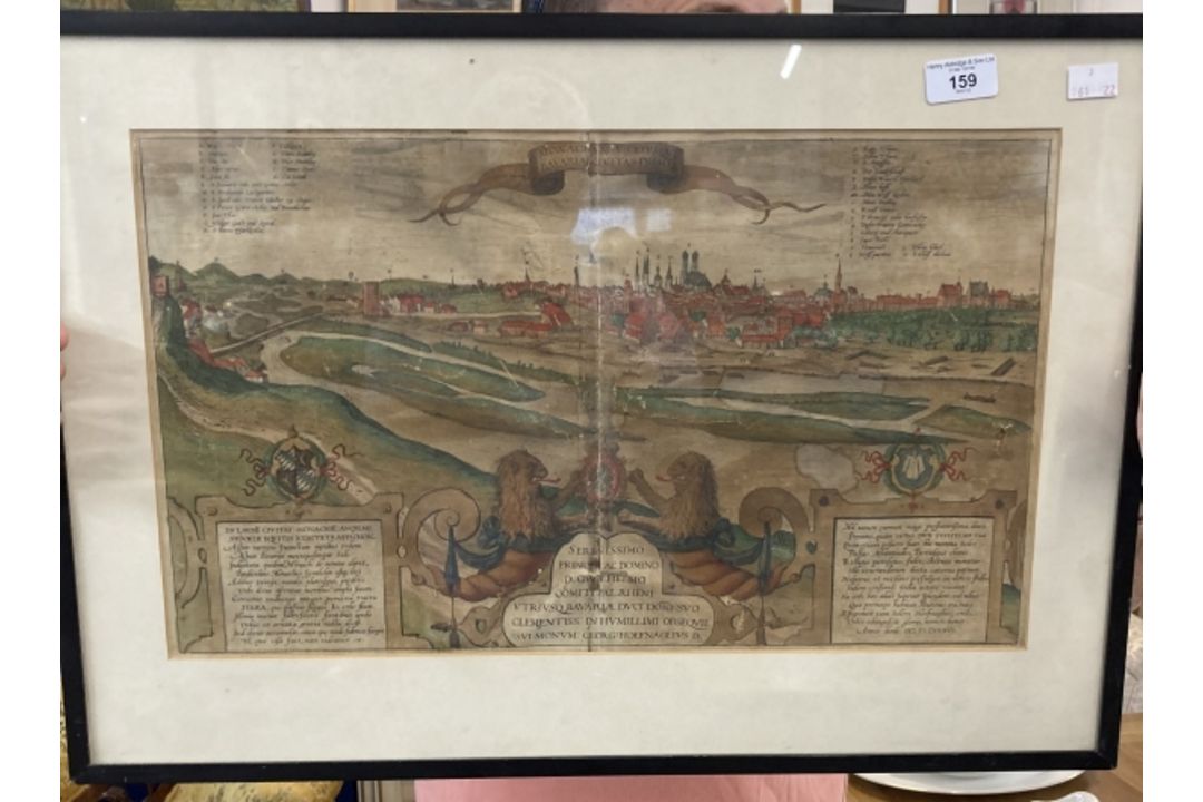18th cent. Coloured print topographical view of Munich, framed and glazed. 19ins. x 11½ins. - Image 1 of 2