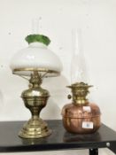 Late 19th/early 20th cent. Oil lamps brass Veritas with white/green globe stamp to base. Plus