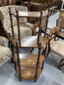 Late 19th/early 20th cent. Mahogany whatnot, four tiers with turned supports and trapezium shaped