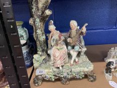 Large 20th cent. Continental porcelain group of a man serenading a lady, minor damage. 15ins.