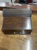 19th cent. Mahogany tambour top writing box with single drawer, the flap opening to a leather slope,