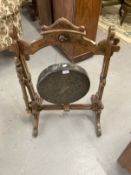 19th cent. Gothic revival oak stand with brass gong.