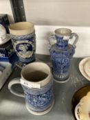 Late 19th/early 20th cent. German salt glaze blue pottery boot, two handled vase, both impressed