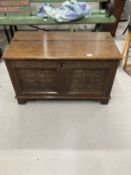 18th cent. Oak six panel coffer of small proportions, carved floral decoration to front two panels