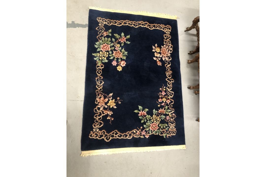 Carpets & Rugs: Chinese hand wash blue ground, floral decoration in reds, greens, ivories and - Image 2 of 3