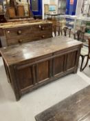 18th cent. Oak coffer, twelve panels three plank lid. 60ins. x 25½ins. x 30ins.