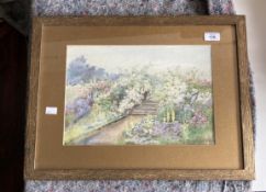 Kenneth Brookes: Watercolour, trees, buildings and a woman, signed lower left, framed and glazed.