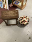 20th cent. Oak joint stool and a footstool with patchwork upholstered top.
