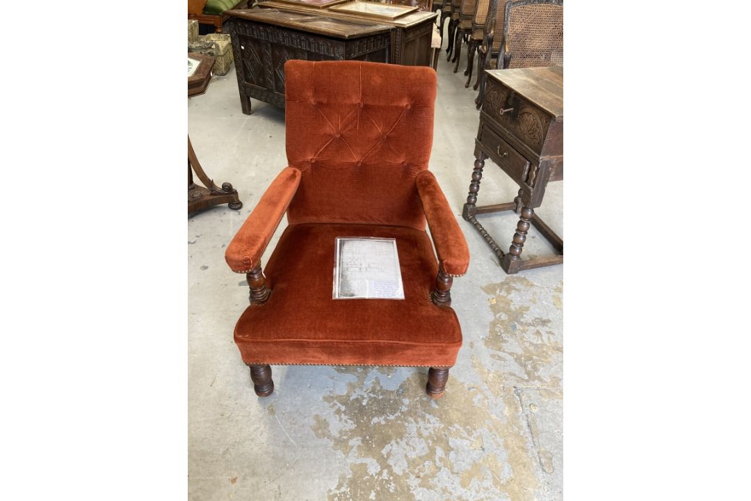 Gillows: Late Victorian walnut framed button back library stuff over arms armchair, rear leg stamped - Image 1 of 2