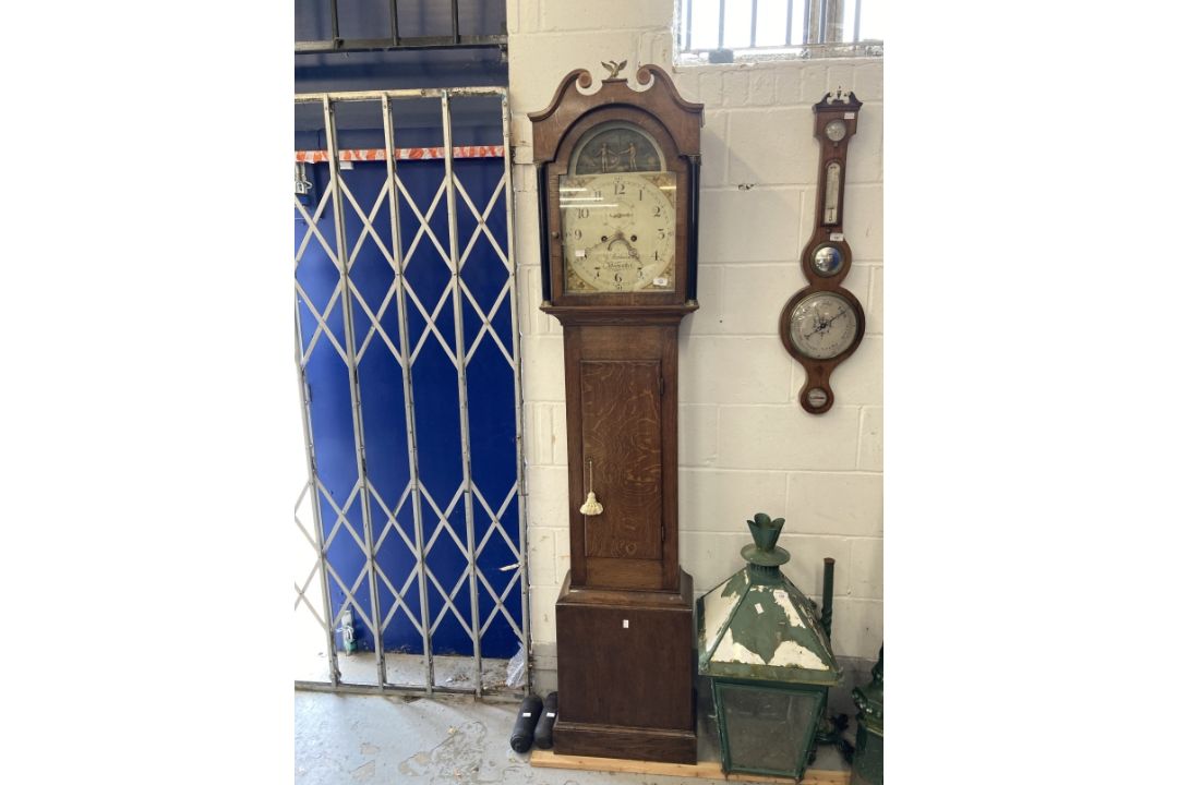 Clocks: 19th cent. Oak Wiltshire 8 day longcase clock, the 17½ins. arch dial with Adam and Eve - Image 1 of 2