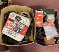 Cameras/Photographic Equipment: Two boxes containing many items including Canon E300 camcorder,