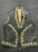 19th cent. Costume: Gentlemen's waistcoats, black satin with floral embroidery long lapel, cotton