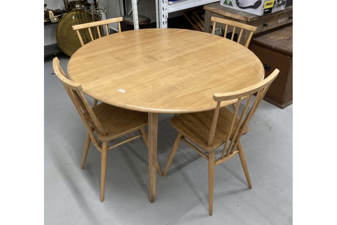 Mid 20th cent. Ercol ash oval drop leaf table and four model 391 stick back chairs with sticks - Image 1 of 3