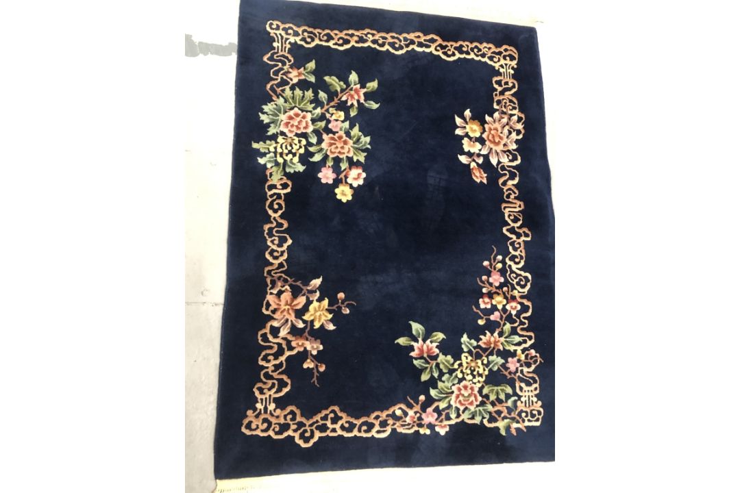 Carpets & Rugs: Chinese hand wash blue ground, floral decoration in reds, greens, ivories and - Image 1 of 3