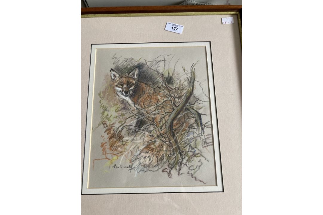 Nora Howarth: Pastels on paper, fox in undergrowth, signed, framed and glazed. 11ins. x 9ins. Jack - Image 1 of 3
