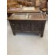 18th cent. Carved oak coffer with sunken two panel lid, original hinges, a three panel front with - Image 1 of 2